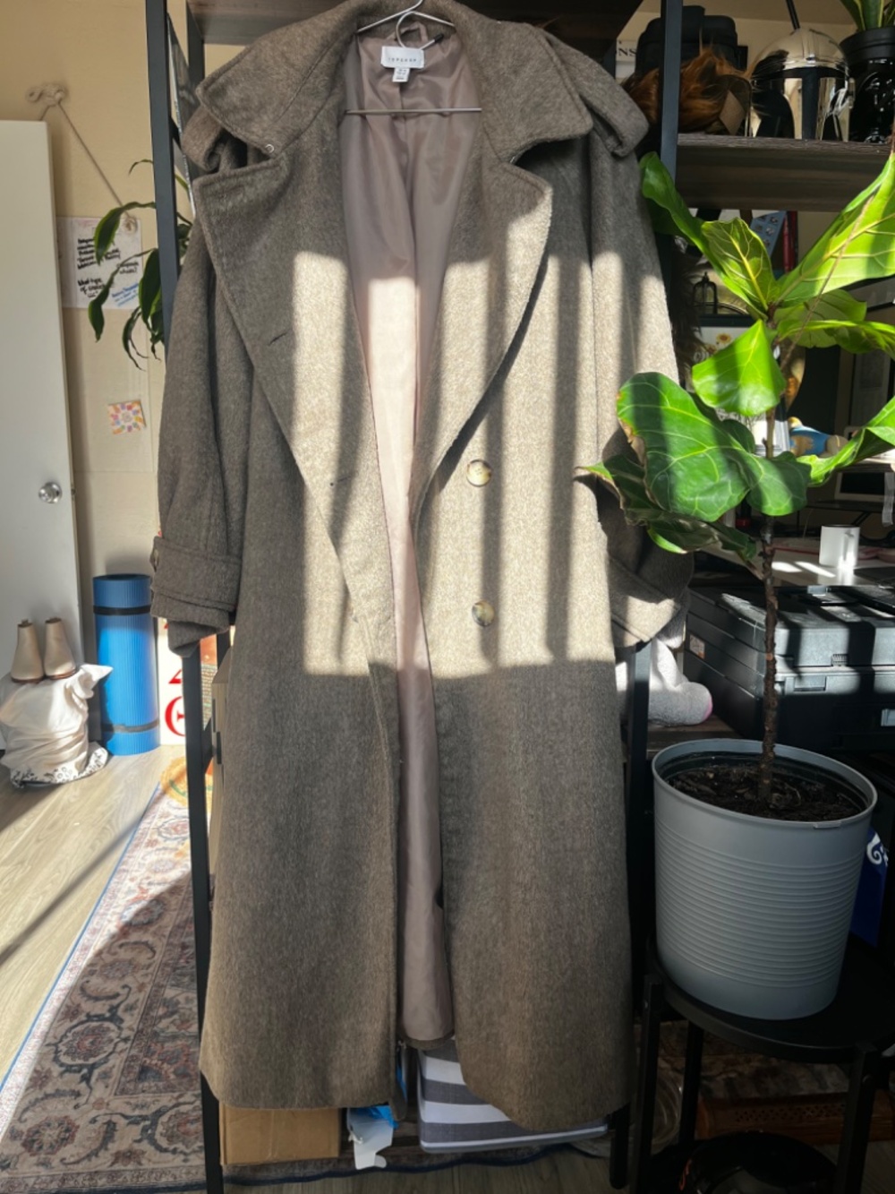Topshop Grey Long Trench Coat Belted Button Front Lined Women's Size 10